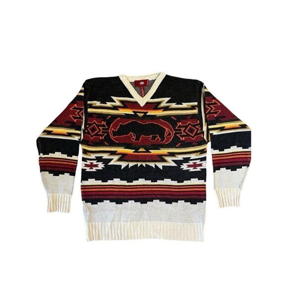RARE Ecko Unltd Aztec Wool Blend Sweater Vintage 1999 Men’s L Cream Gray Red - Picture 1 of 11